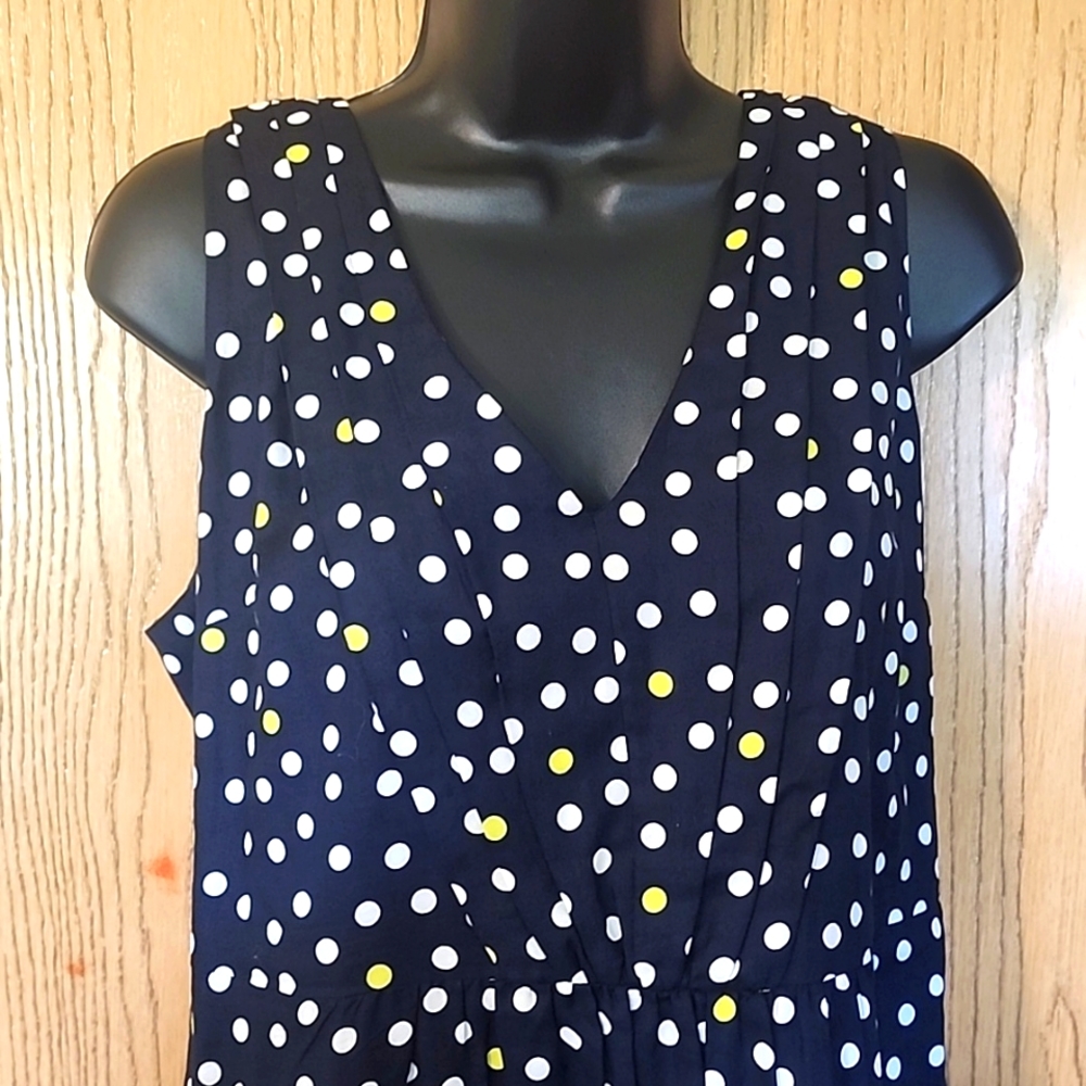 Ann Taylor Petite Cotton Sleeveless Dress 12P Navy with Polka Dots